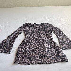 Leopard Print Long Sleeve Mesh Top - Taupe & Black